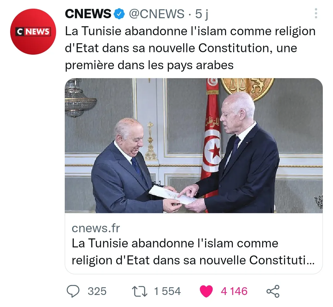 “Tunisia abandons Islam as the state religion in its new constitution. A first in Arab countries.”