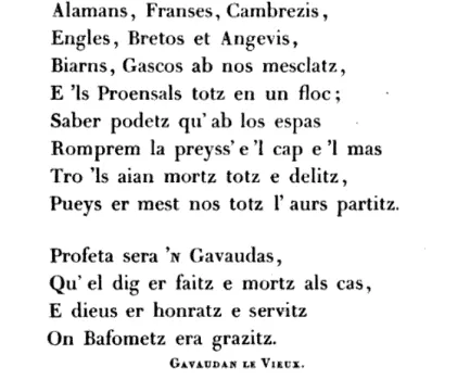 Excerpts from the poem Senhors, per los nostres peccatzde Gavaudan naming Baphomet as the Prophet of the Muslims